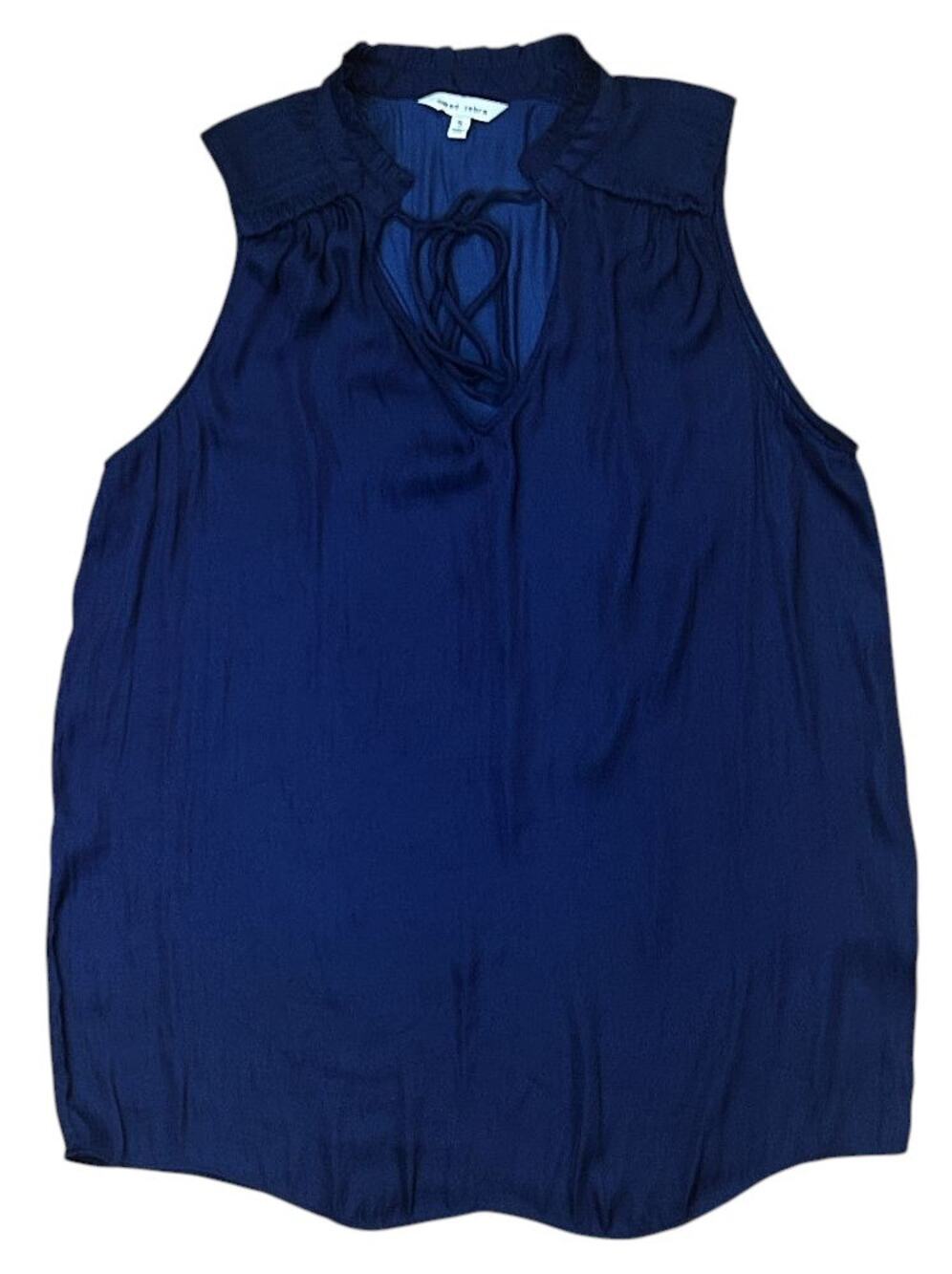 Naked Zebra Sleeveless V-Neck Front Neck Tie Navy Blue Top Small